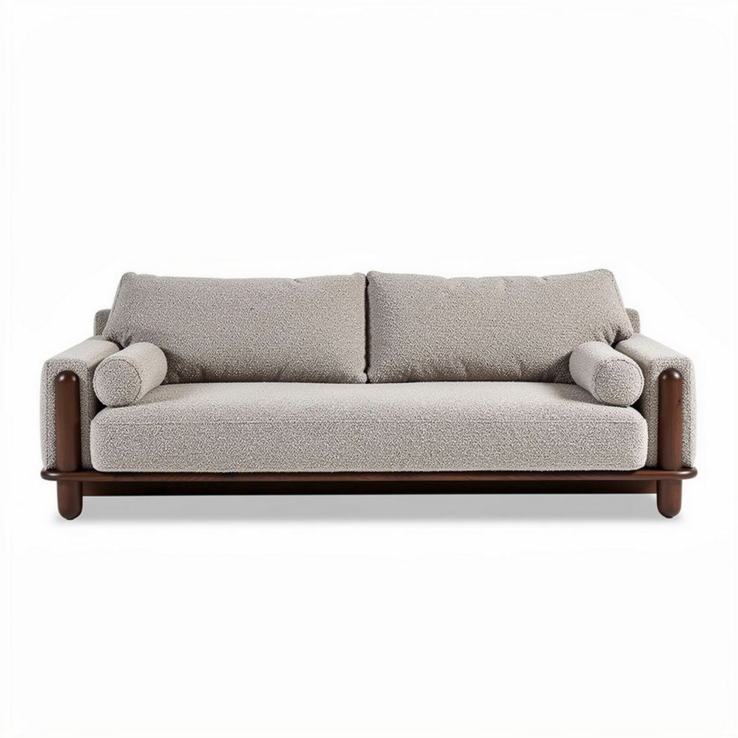Canapé en tissu beige avec accoudoirs en bois 240 x 100 x 85cm
