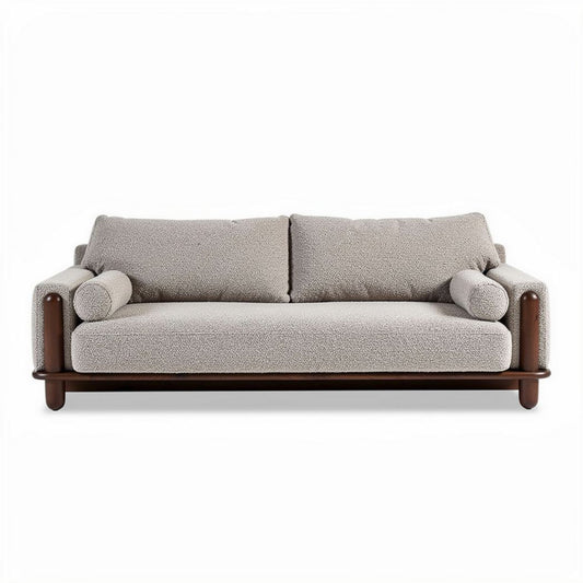 Canapé en tissu beige avec accoudoirs en bois 240 x 100 x 85cm