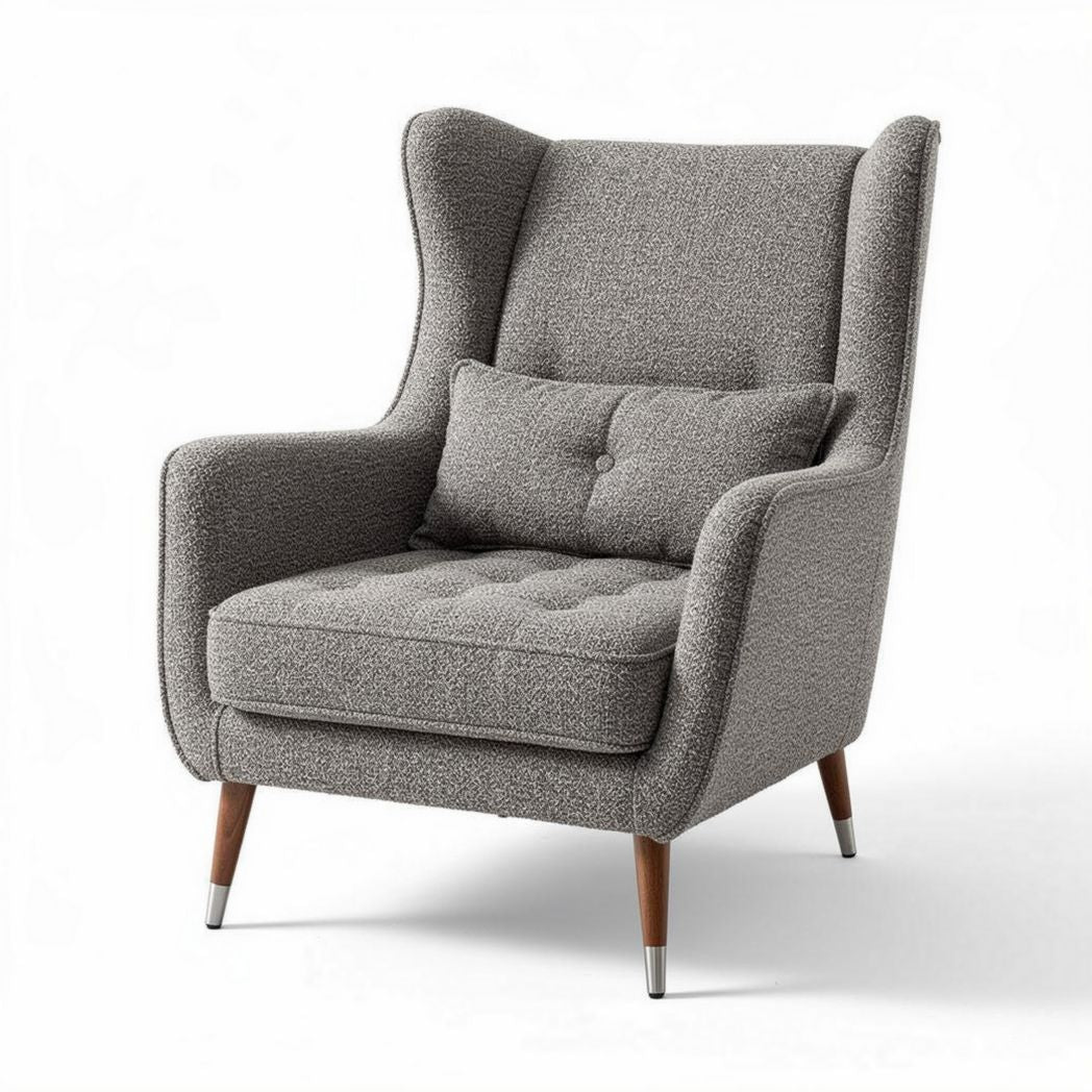 Fauteuil en tissu gris avec coussin intégré et pieds en bois de 80 x 80 x 100cm