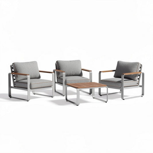Salon de jardin en aluminium et teck avec coussins en tissu gris 100 x 90 x 70cm