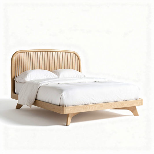 Lit en bois clair avec tête de lit en lattes 200 x 150 x 100 cm
