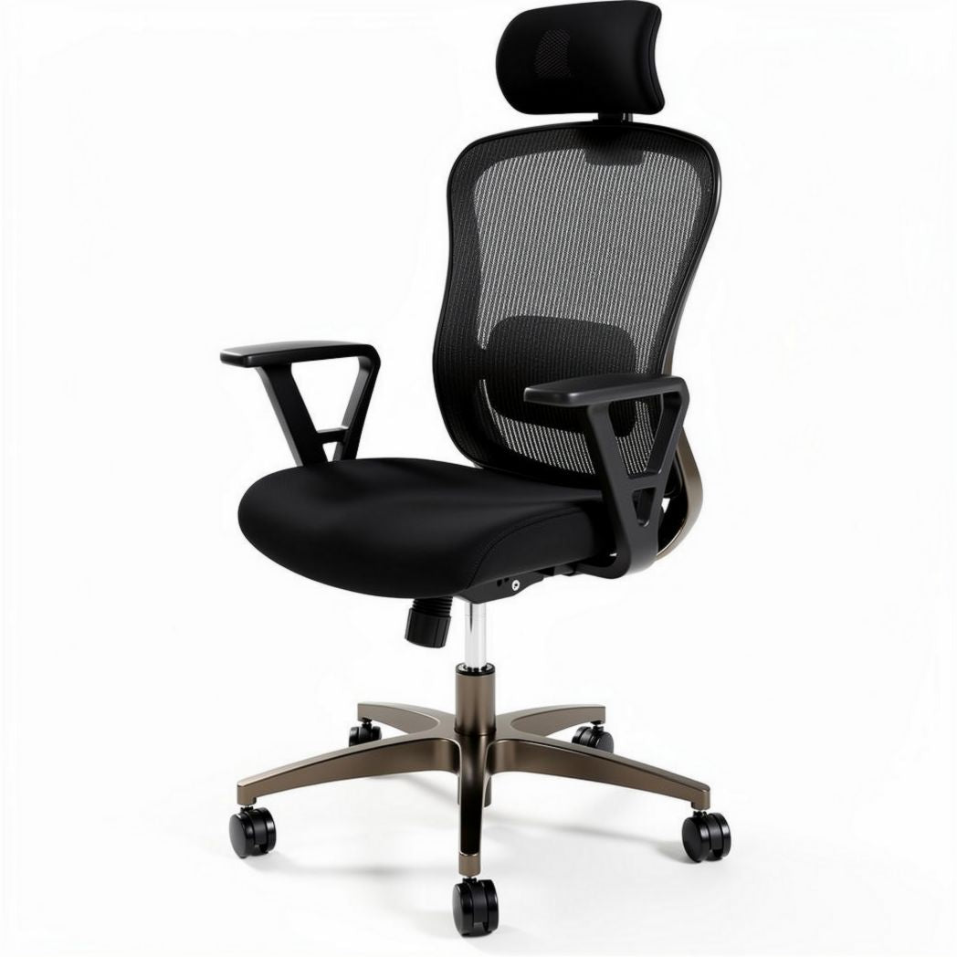 Chaise de bureau ergonomique avec appui-tête en maille noire et structure en métal argenté