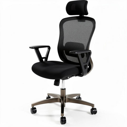 Chaise de bureau ergonomique avec appui-tête en maille noire et structure en métal argenté