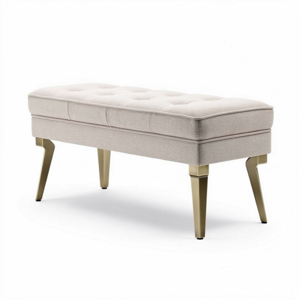 Banc de rangement en tissu beige avec pieds en métal doré 120 x 40 x 45cm