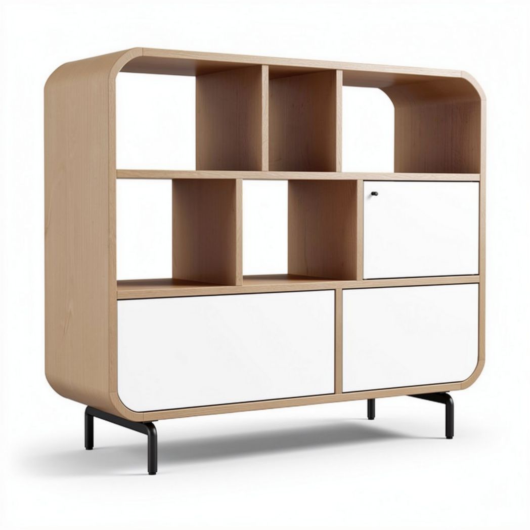 Étagère en bois naturel avec éléments blancs pour rangement contemporain 120 x 40 x 90cm
