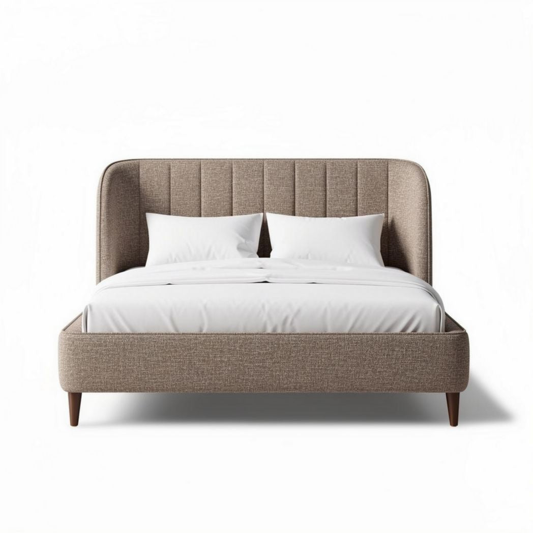 Lit en tissu beige avec tête de lit rembourrée 200 x 160 x 100cm