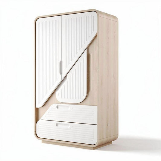 Armoire en bois clair avec portes blanches et tiroirs intégrés